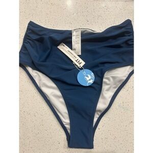 Cupshe High Waisted Bikini Bottom Ruched Teal Blue Swim Size L NWT